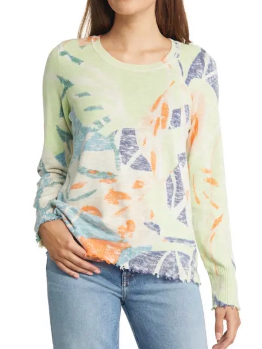 Nic+Zoe Mindfully Made Abstract Tropical Leaf Frayed Hem Sweater -size XS